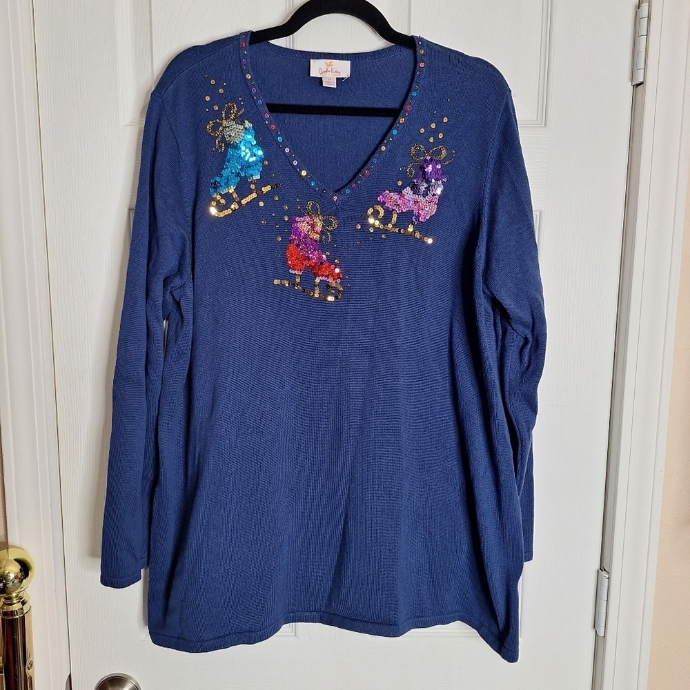 Quacker Factory Christmas Sequined Skates Top size 1X